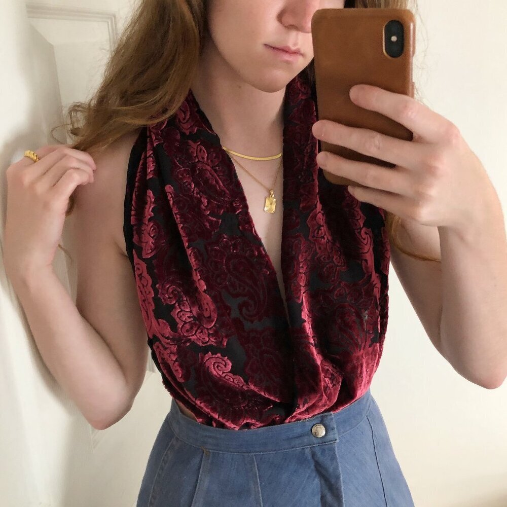 Vintage Silk Velvet Floral Paisley Neck Head Scarf Headband Top 60s 70s Inspired